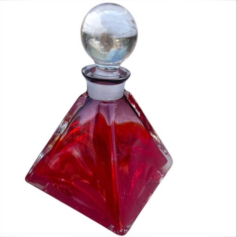 Red Glass Pyramid Perfume Bottle With Clear Glass Stopper 4" Tall VTG Tiny Chip
